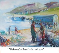 FISHERMEN'S CHORES, Newfoundland, Canada, Oil on Canvas